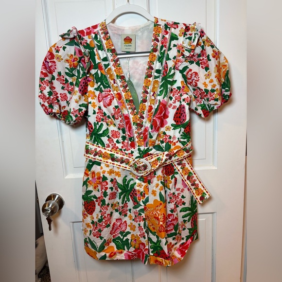 FARM Rio Pants - FARM Rio White Floral Belted Romper with Pink, Green & Yellow